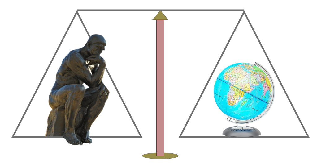 A graphic designed by Amy Howard showing a set of scales with the sculpture of "The Thinker" by Auguste Rodin sitting on one scale and a globe sitting on the other scale.