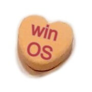 Candy heart that reads "win OS"